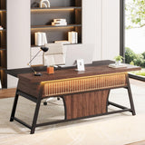 63-inch Executive Desk with Storage Shelf, Large Home Office Desk with Metal Frame & LED Light, Long Computer Desks