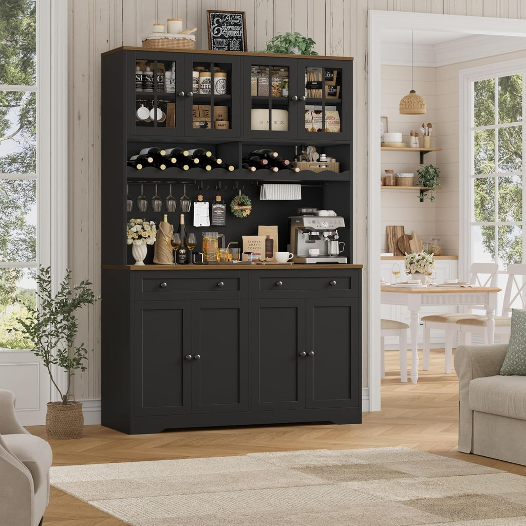 75" Kitchen Pantry Storage Cabinet, Coffee Bar Hutch Cabinet, Black | Tall Pantry Cabinet with Charging Station /