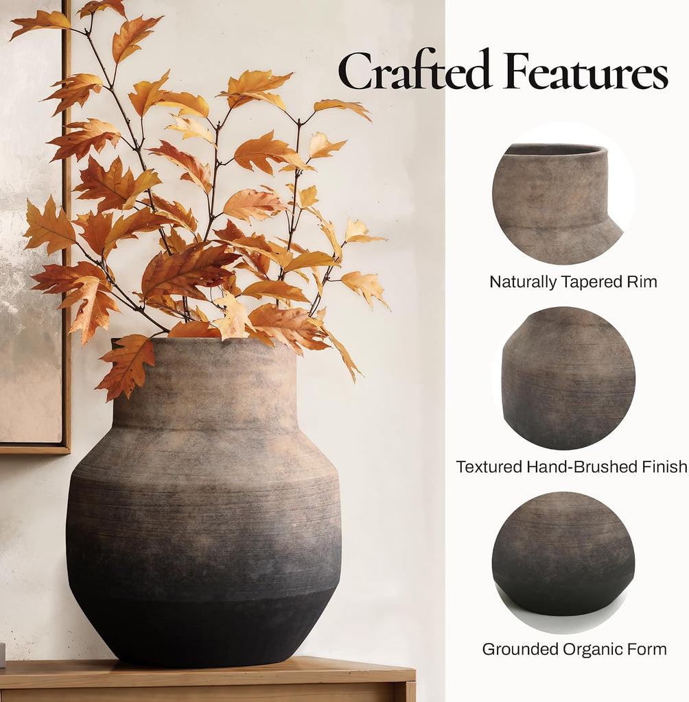 LuxenHome Round Ceramic Flower Vase, 13 Inch Brown Terracotta Vases | Vintage Large Pottery Decor Entry Way Table