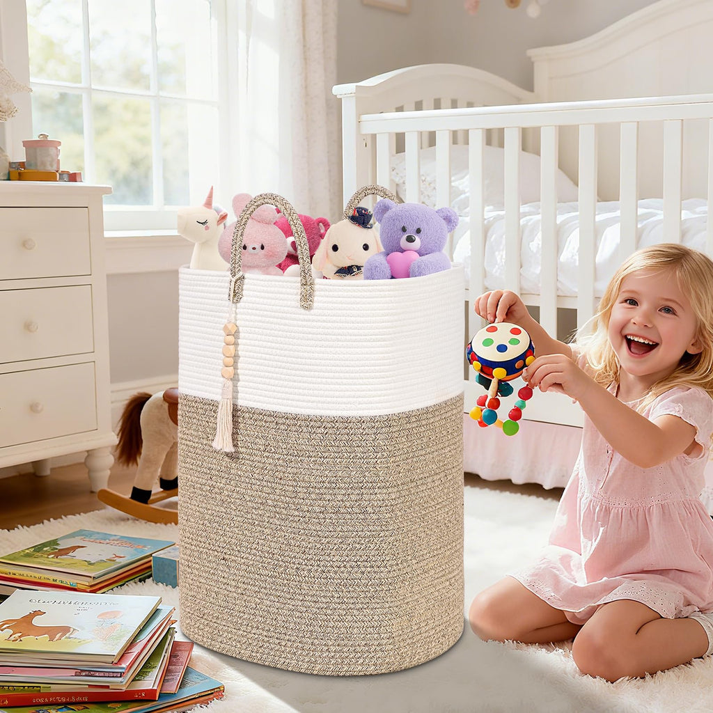 Woven Laundry Basket for Clothes, 80L Large Rectangle Laundry Hampers with Beads Tassel, Nursery Storage Basket for