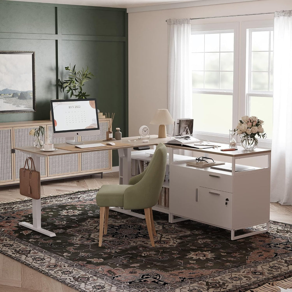 Electric L Shaped Standing Desk with Storage, Executive Desk Adjustable Height, Light Walnut