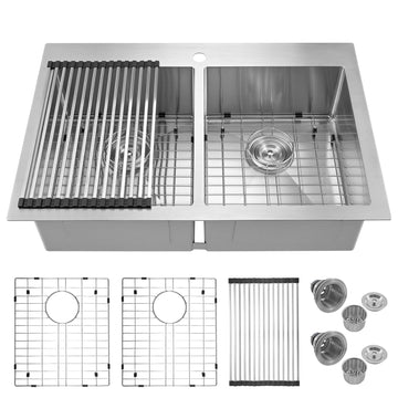 33''x22'' Drop In, 16-Gauge 50/50 Stainless Steel Double Sink 33 Inch, 9 Inch Depth Drop In Double Sinks with All