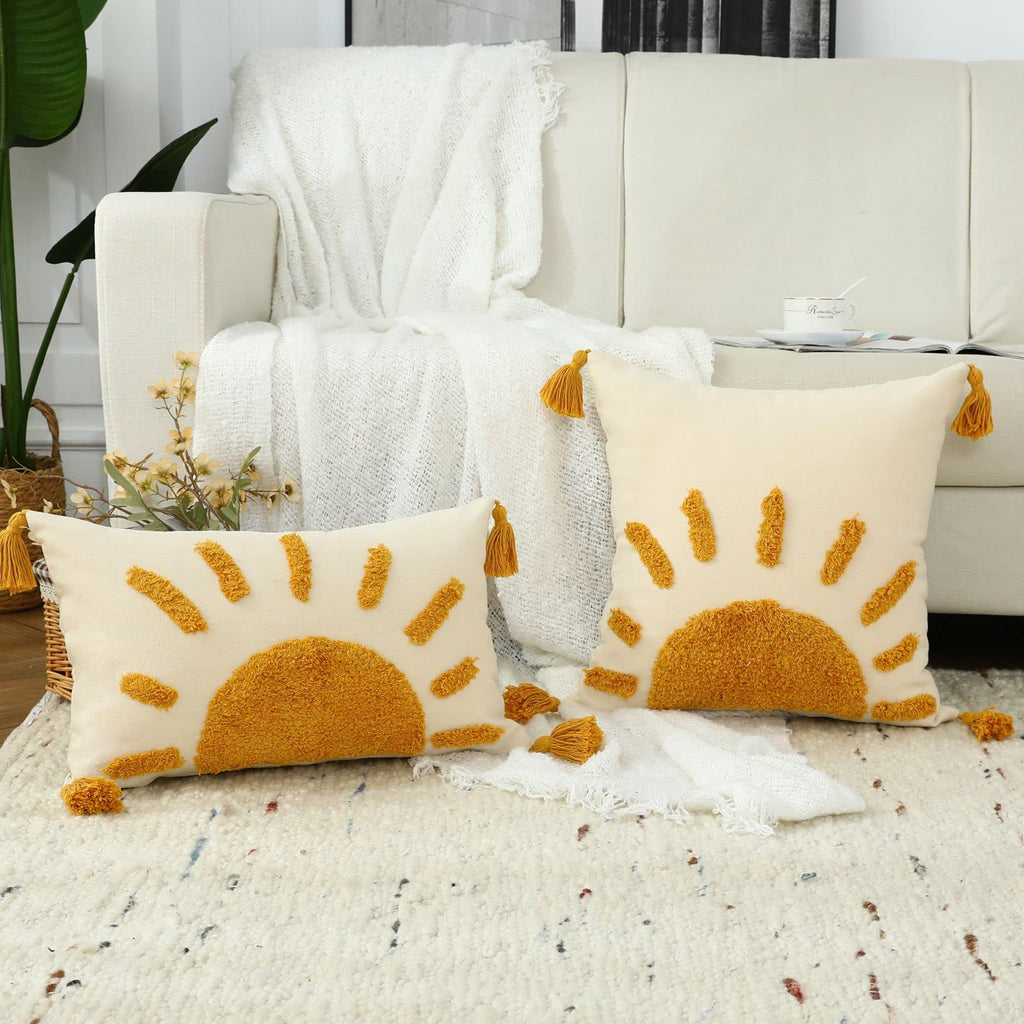 Boho Throw Pillow Covers 18x18, Woven Tufted Sun Decorative Pillow Covers with Tassels Moroccan Modern Pillowcase for