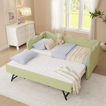 Twin Daybed with Pop Up Trundle, Gingham Linen Upholstered Twin to King Size Daybed Frame with Wooden Slats & USB