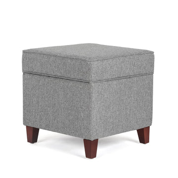 17 Inch Square Linen Storage Ottoman, Small Upholstered Footrest Stool with Hinged Lid and Wood Legs, Modern Accent