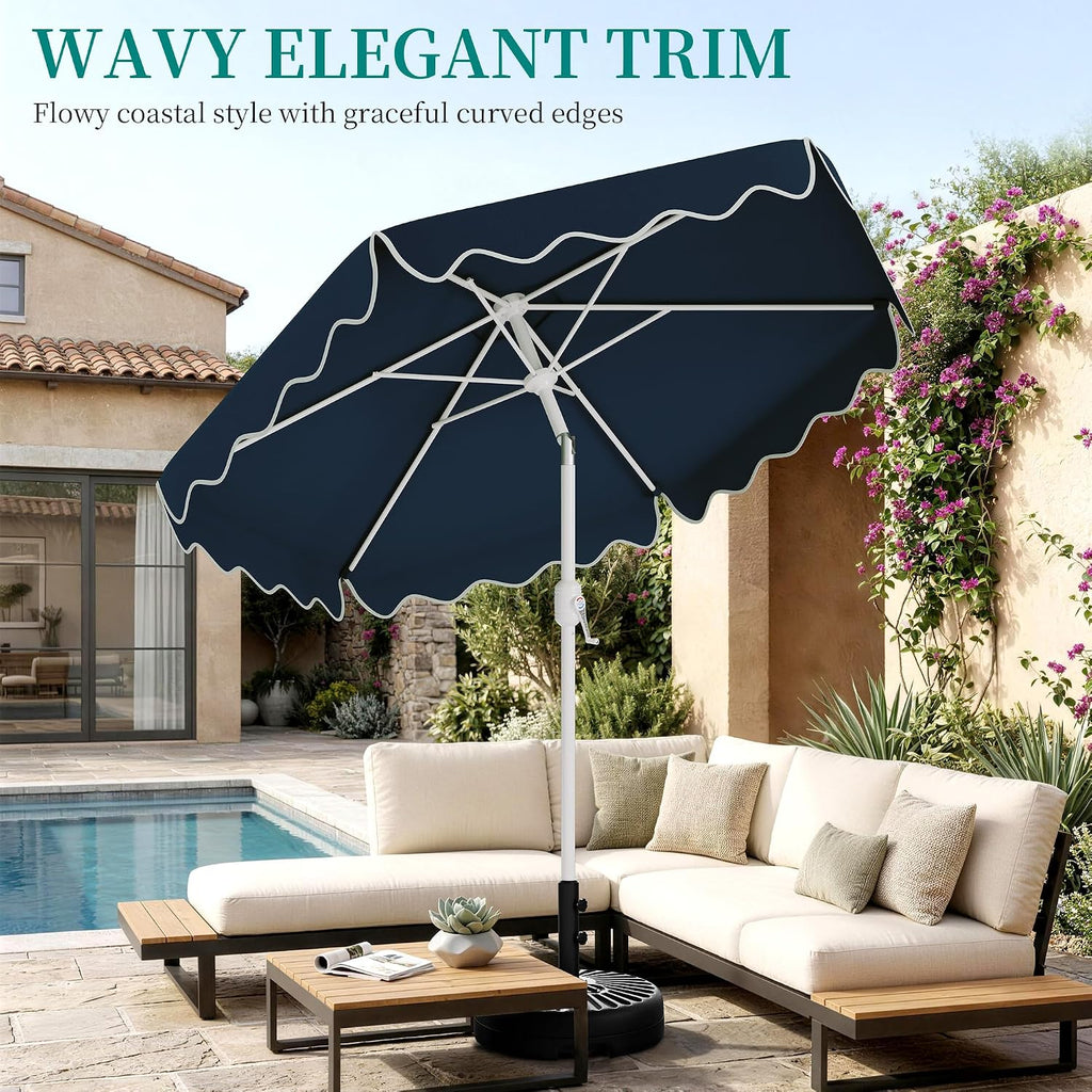 Patio Umbrella with Wavy Trim, UV-Fade-Resistant Canopy, Crank & Tilt - Navy 7.5ft