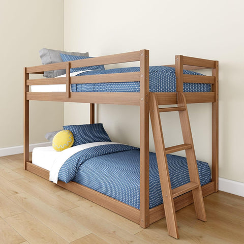 Bear Twin Over Twin Bunk Bed, Low Bunk Bed Frame for Kids, Bunk with Ladder, Guardrail, and Slats