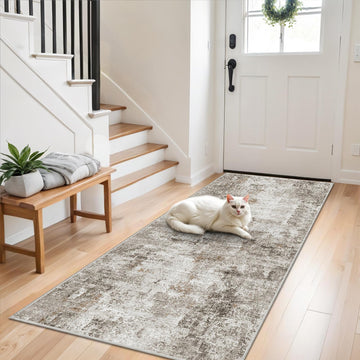 Washable Non Slip Runner Rug 3x8 - Hallway Runner Rug & Kitchen Carpet Runner - Modern Abstract Neutral Low Pile Area