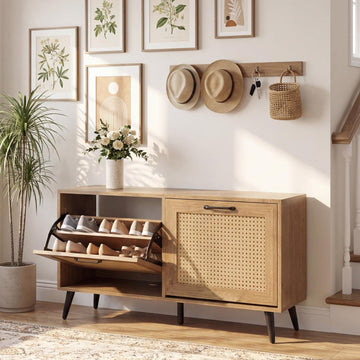 Rattan Shoe Storage Cabinet with 2 Flip Drawers, Hidden Shoe Storage Organizer with Adjustable Shelves and Metal