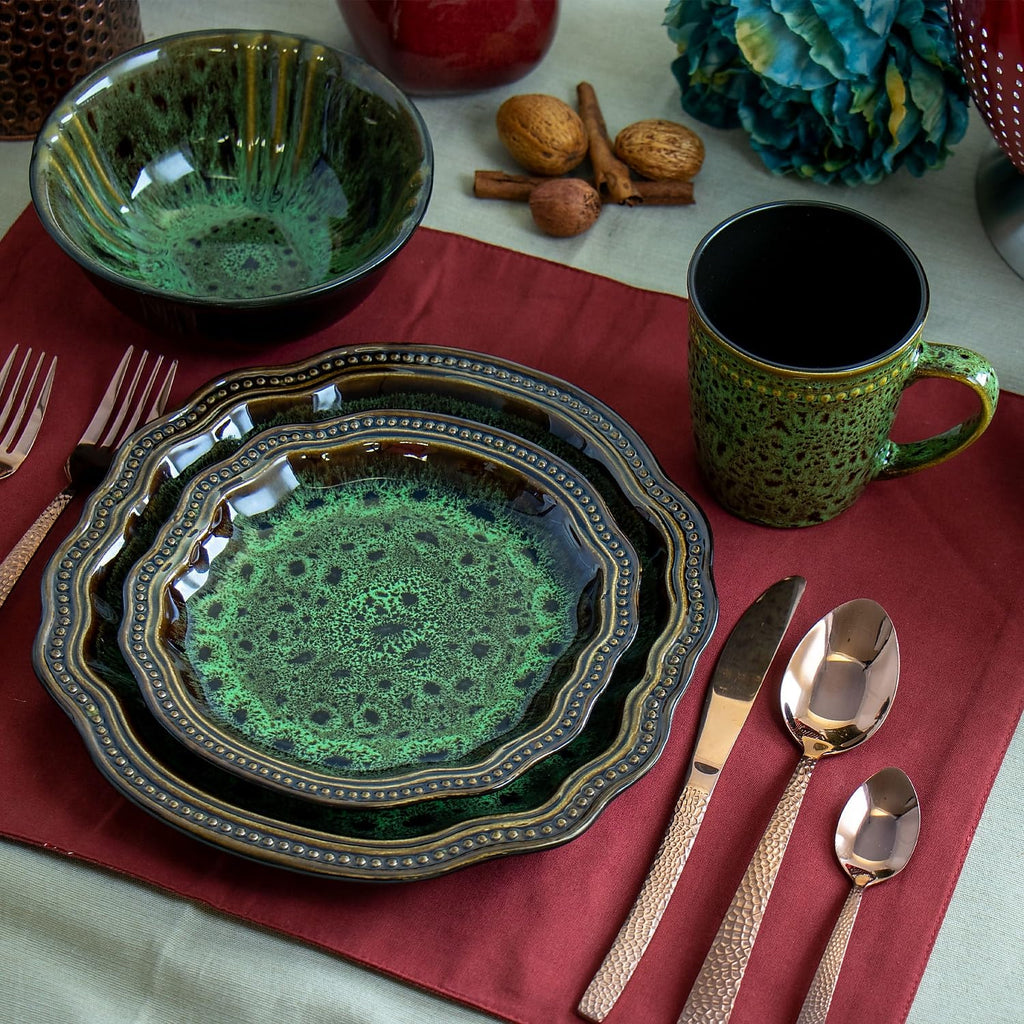 Stoneware Round Oval Dinnerware Dish Set, Jade Green