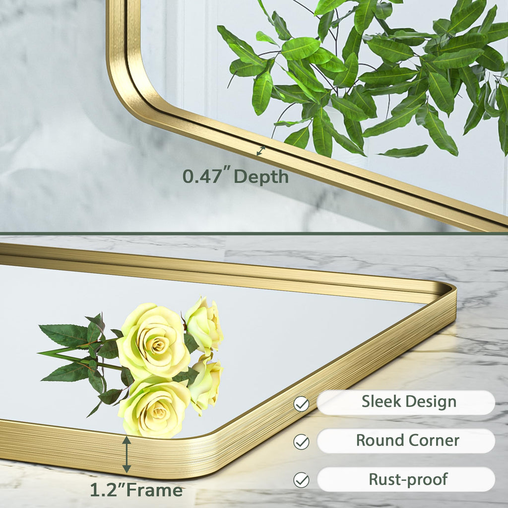 Gold Bathroom Mirror - 24 x 36 Inch Metal Rounded Corner Rectangle Mirror - Hangs Horizontal Or Vertical - Rustic
