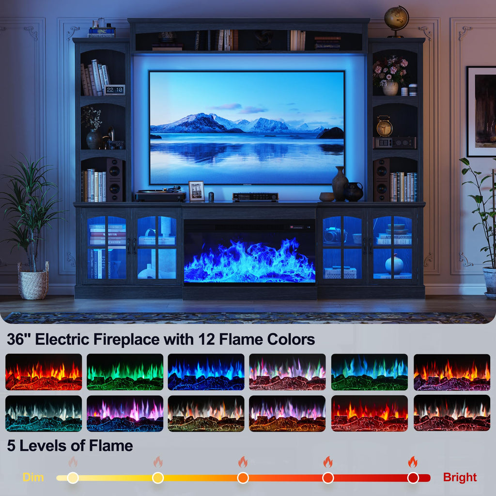 98" Wall Unit TV Stand with 36" Electric Fireplace, Black