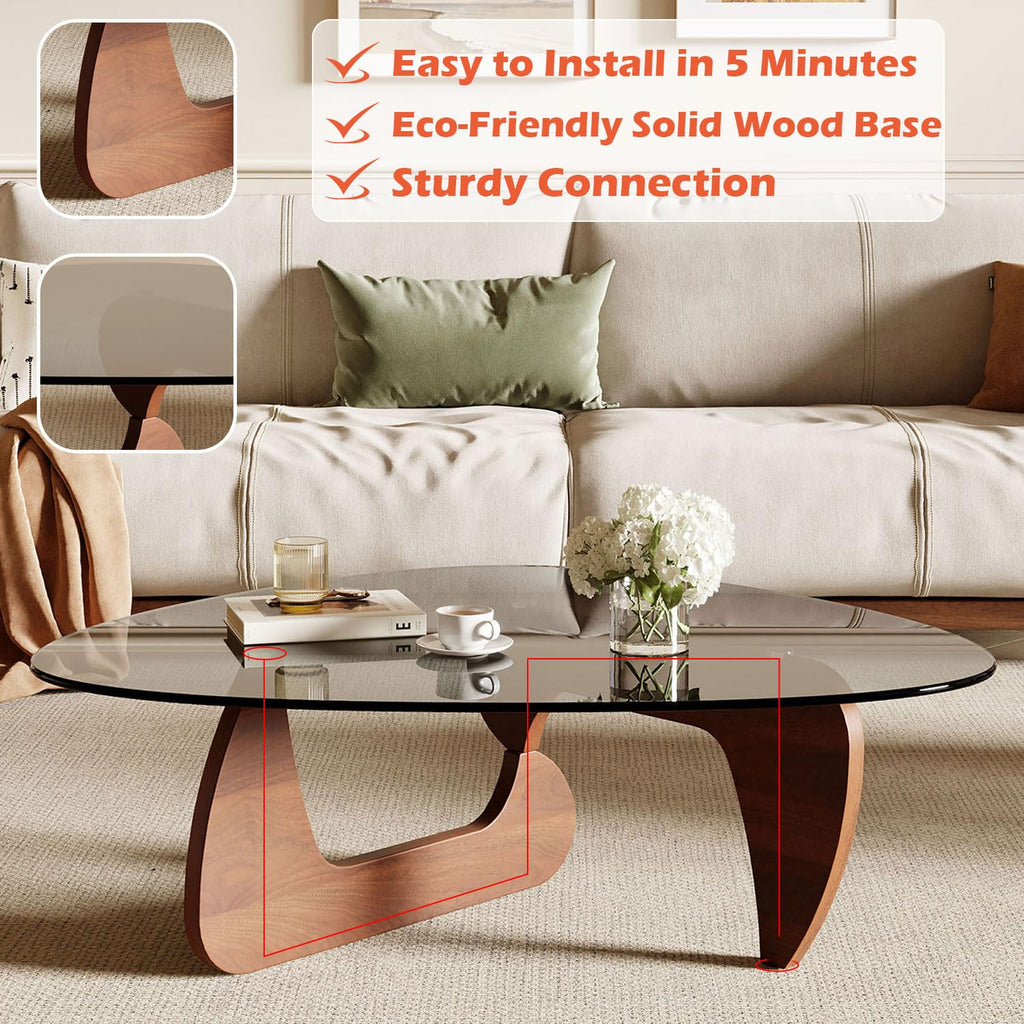 Modern Coffee Table and Small Spaces, 35.6" x 25.4" x 15.8" Triangle Tempered Glass Table Top and Solid Wood Base