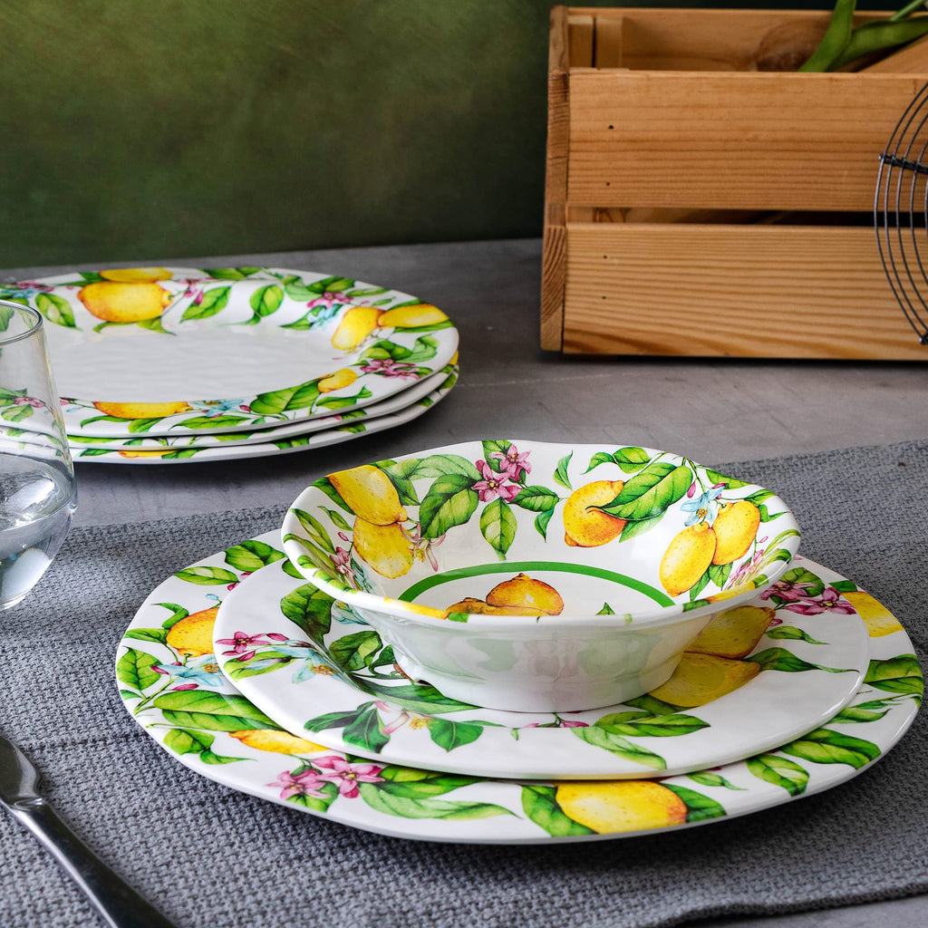 Lemon Melamine Dinnerware Dish Sets, 12 Piece Plates and Bowls Sets