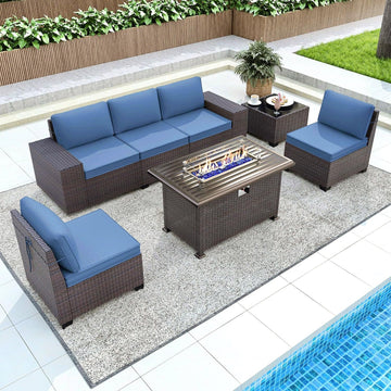 7 Pieces Patio Furniture Set with Fire Pit Table, Wicker Patio Set with Wide Armrests 29.5'' High Backrest