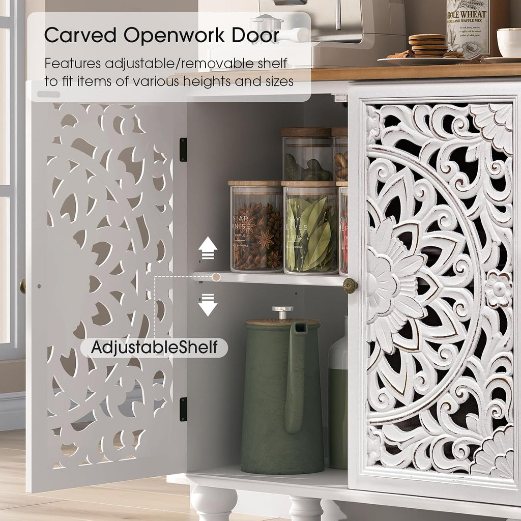 Accent Cabinet with Doors, Decorative Storage Cabinet with Adjustable Shelf, Carved Sideboard Buffet with Solid Wood