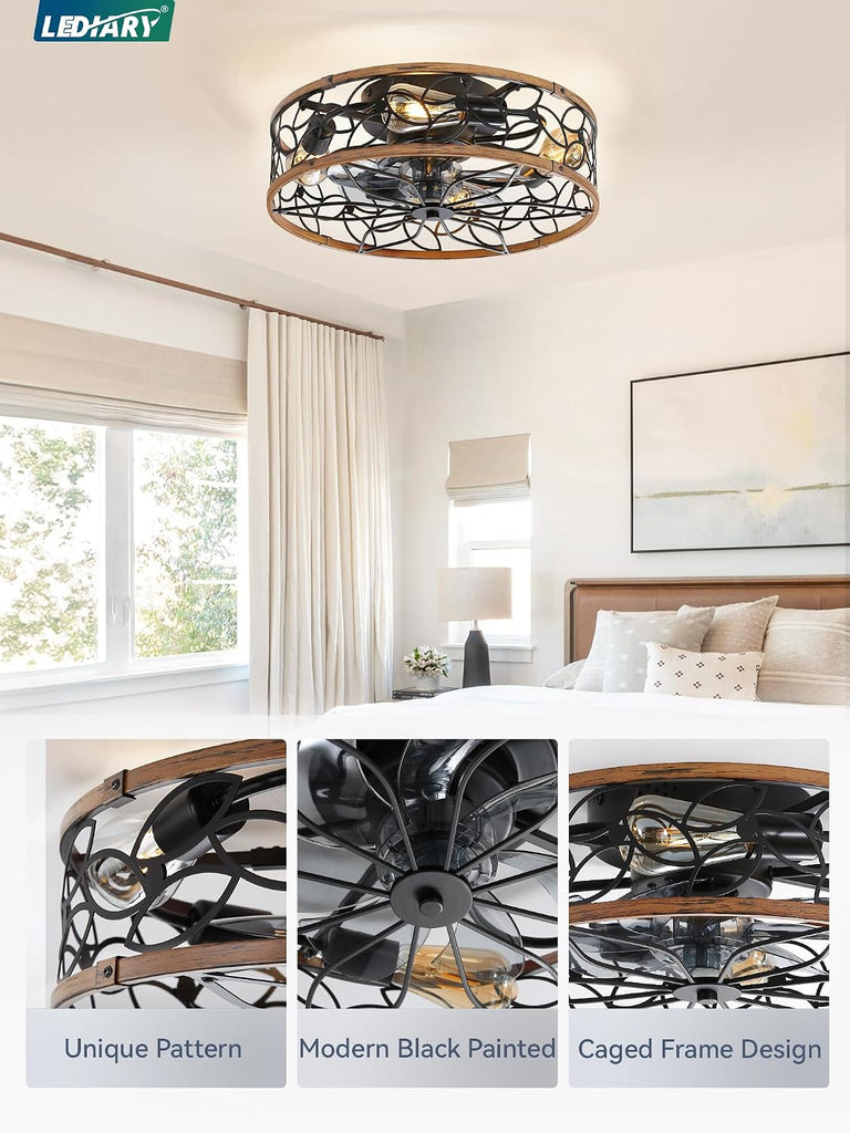 Caged Ceiling Fan with Light, Flush Mount Fandalier with Remote