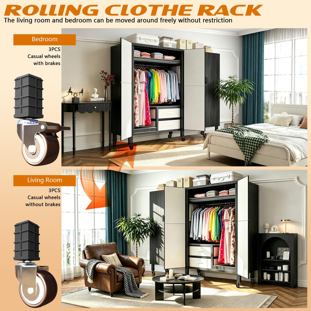 Portable Closet with Drawers Heavy Duty with Cover, KT-Black L:70.9in/180cm