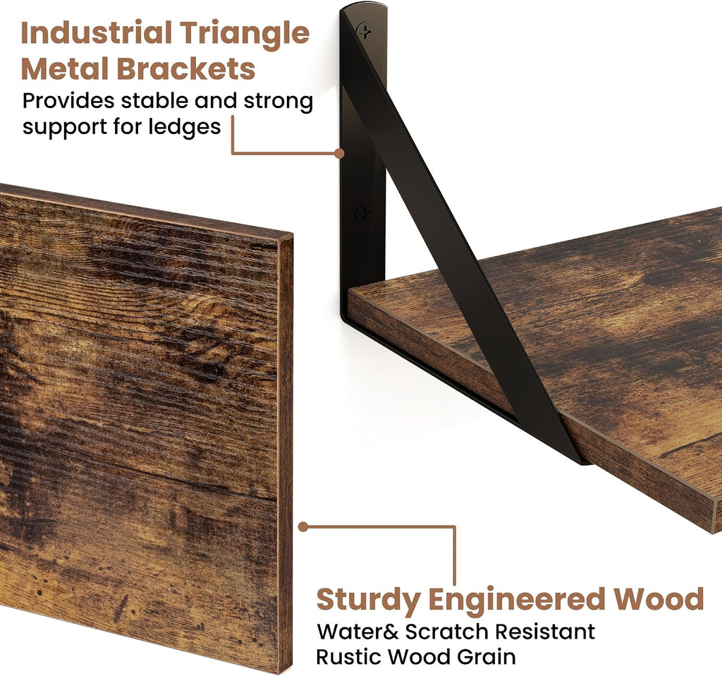 24 Inch Floating Shelves, 8 Inch Deep Brown Wall Shelves Set of 2 | 24'' x 8'' Rustic Brown Wood Shelves for