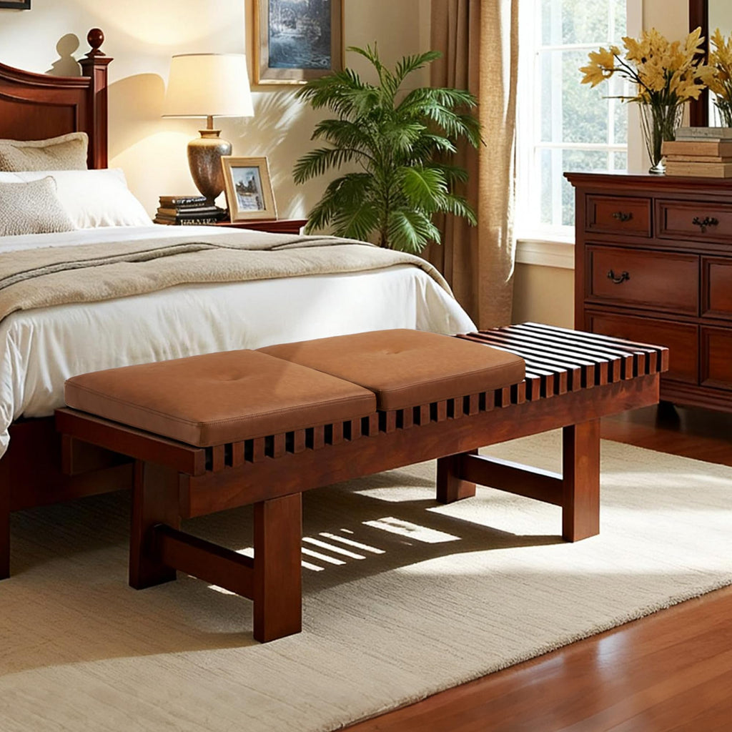 Solid Wood Entryway Bench, 59.4" End of Bed Bench with Removable Cushions & Wooden Legs, Farmhouse Indoor Bench