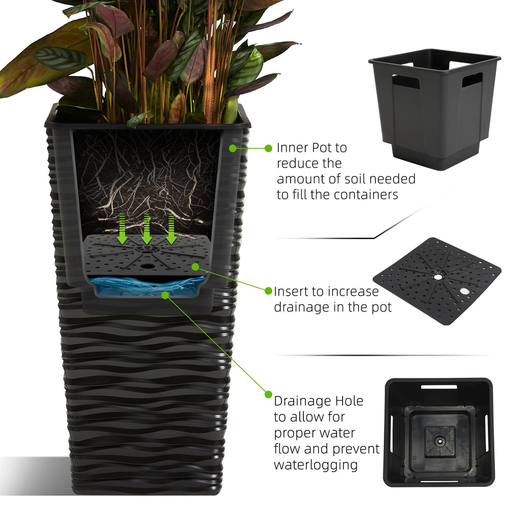 2 Pack 22" Tall Plastic Square Tapered Planter with Inside Pots for Indoor or Outdoor Use, Modern Wavy Finish for