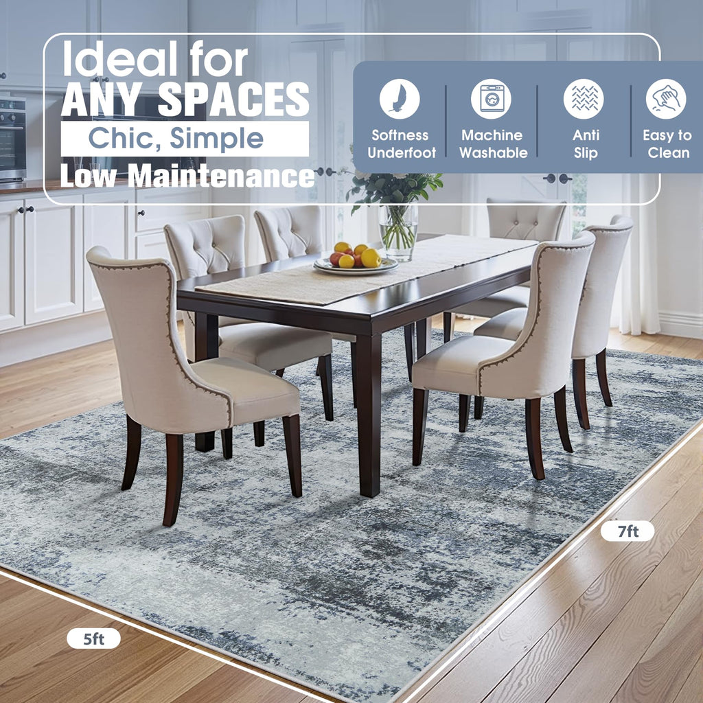 5x7 Area Rugs Washable Bedroom Dining Room Blue Grey