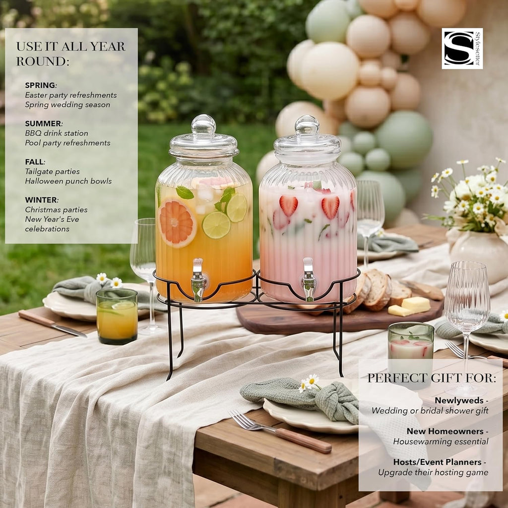 Canyon Beverage Dispenser Cold Drink Dispenser w/ 1.3-Gallon Capacity each Glass Jug, Metal Rack & - Set of 2