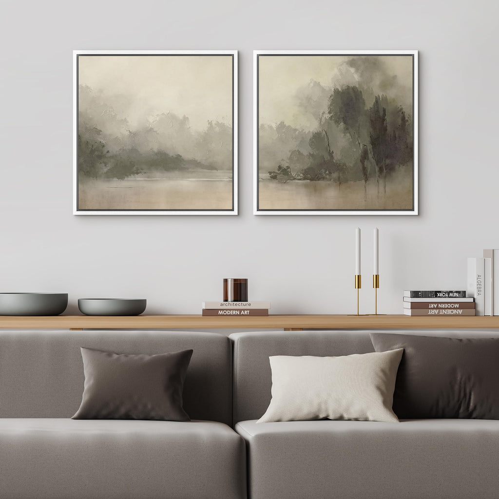 Framed Canvas Print Wall Art Set Mystic River Fog Waterfront Nature Illustrations Modern Art Minimal Relax/Calm