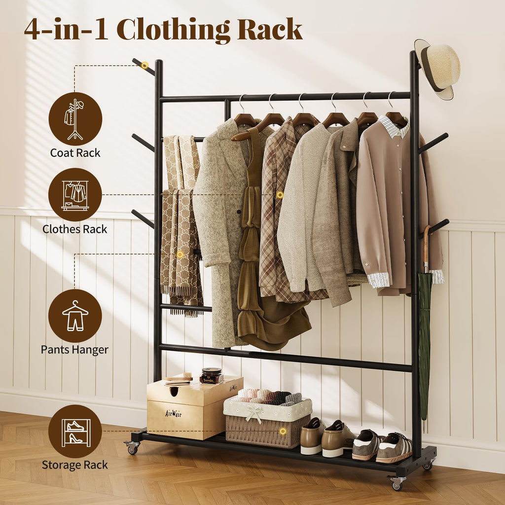 Solid Wood Clothing Rack, 4-in-1 Wooden Clothes Rack with Wheels