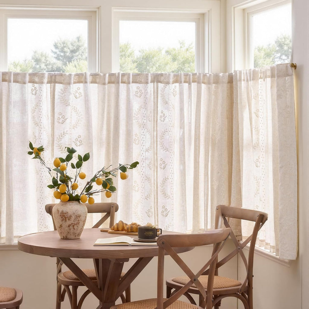 Belrose Linen Floral Cafe Curtains 45 Inch Length Embroidered Farmhouse Curtains for Kitchen Bedroom Bathroom Small