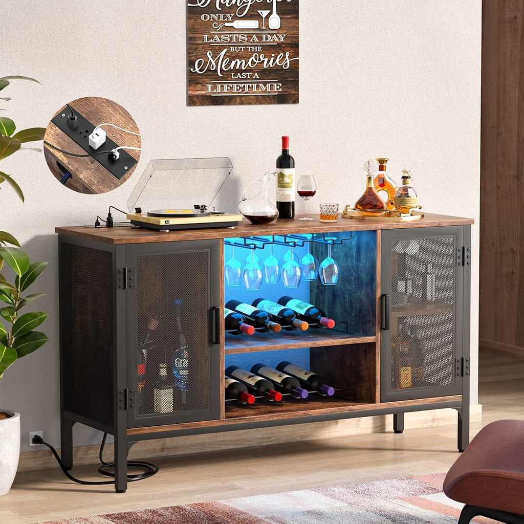 Wine Bar Cabinet with Power Outlets & LED Lights, Rustic Brown | Industrial Coffee Bar Cabinet with Wine Rack Bar