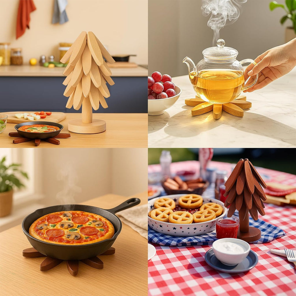Natural Tree Trivet Set for Hot Dishes - Foldable Wooden Trivets for Hot Pots&Bowls, 5 Walnut Color Wood Heat - Set of 5