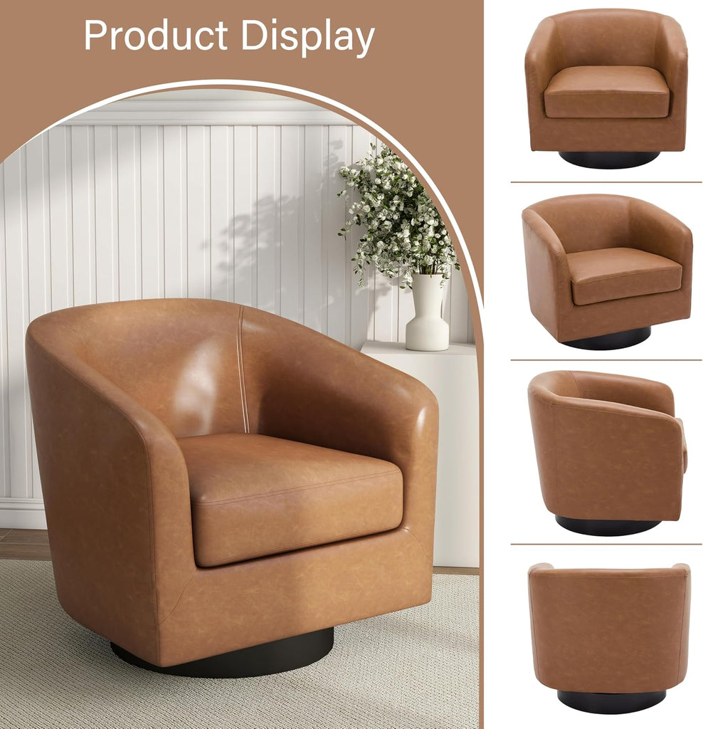 Faux Leather 360° Swivel Barrel Accent Chair Brown - Set of 2