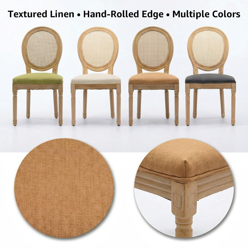 Vintage French Country Dining Chairs Set of 4, Farmhouse Rattan Dining Room Chairs with Round Back, Linen Upholstered