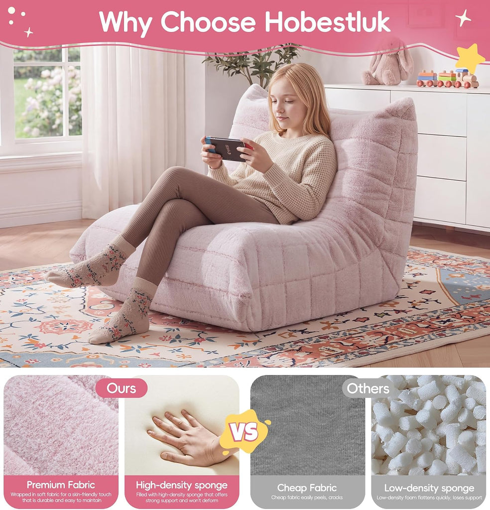 Kids Bean Bag Chair Fluffy Light Pink Large Beanbag Couch
