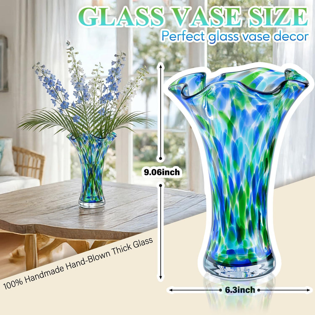 Hand Blown Glass Vase for Flowers, 9" Unique Murano Style Art Glass Vase, Wide Mouth Teal Turquoise Swirl Decorative
