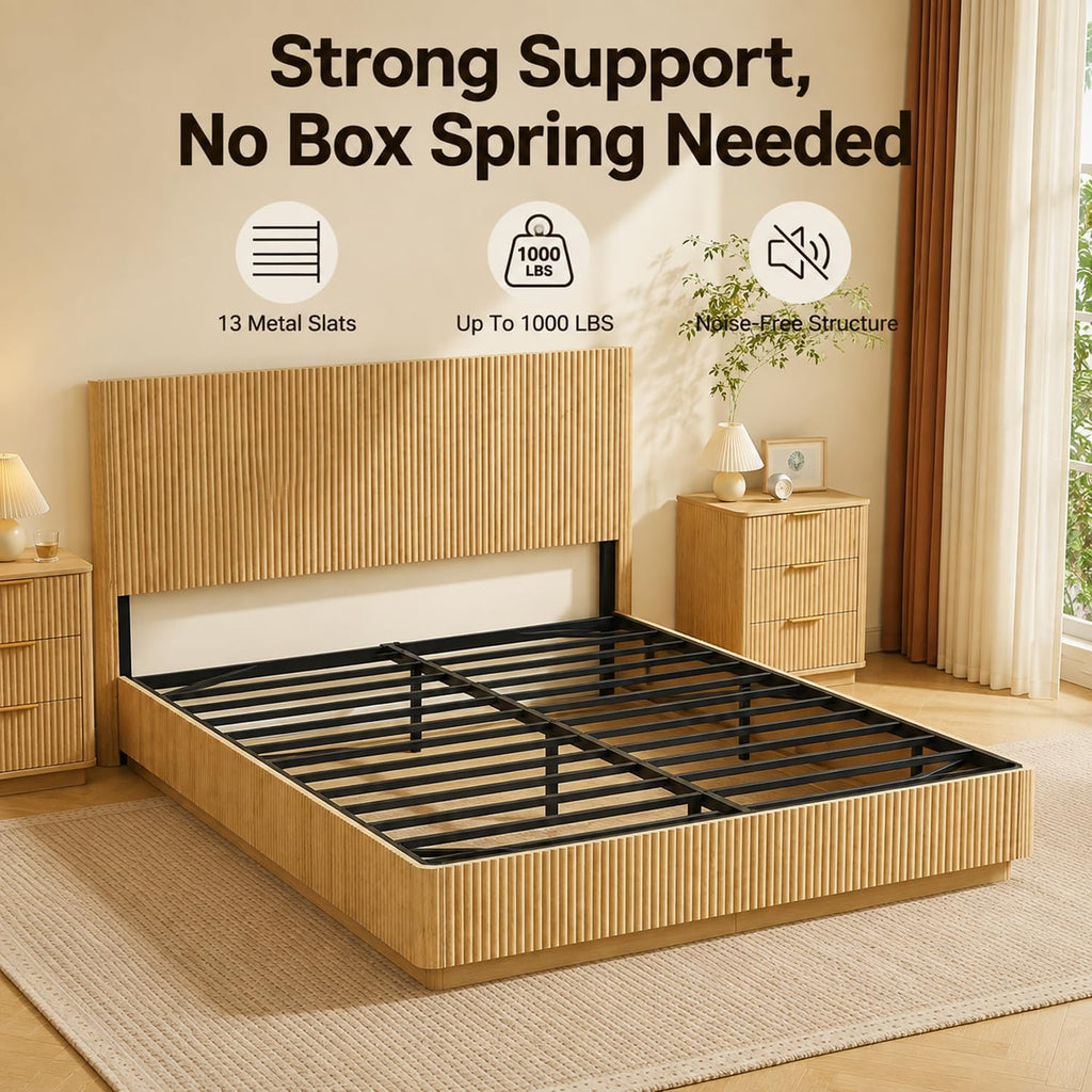 Queen Size Floor Platform Bed Frame with 44.5"h Fluted Headboard, Oak