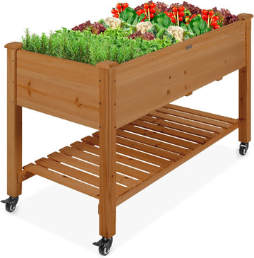 Raised Garden Bed 48x24x32-inch Mobile Elevated Wood Planter w/Lockable Wheels, Storage Shelf, Protective Liner