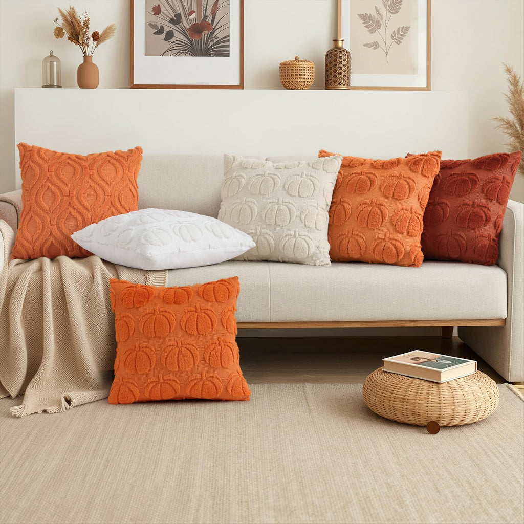 Fall Orange Pumpkin Faux Fur Throw Pillow Covers 16x16 Set of 2
