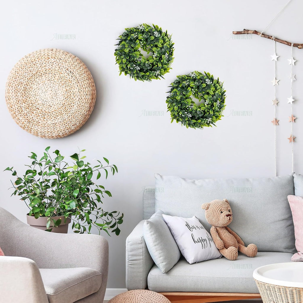 Artificial Boxwood Wreaths Green Leaves Greenery Candle Ring Faux Hanging Planters Front Door - Set of 8