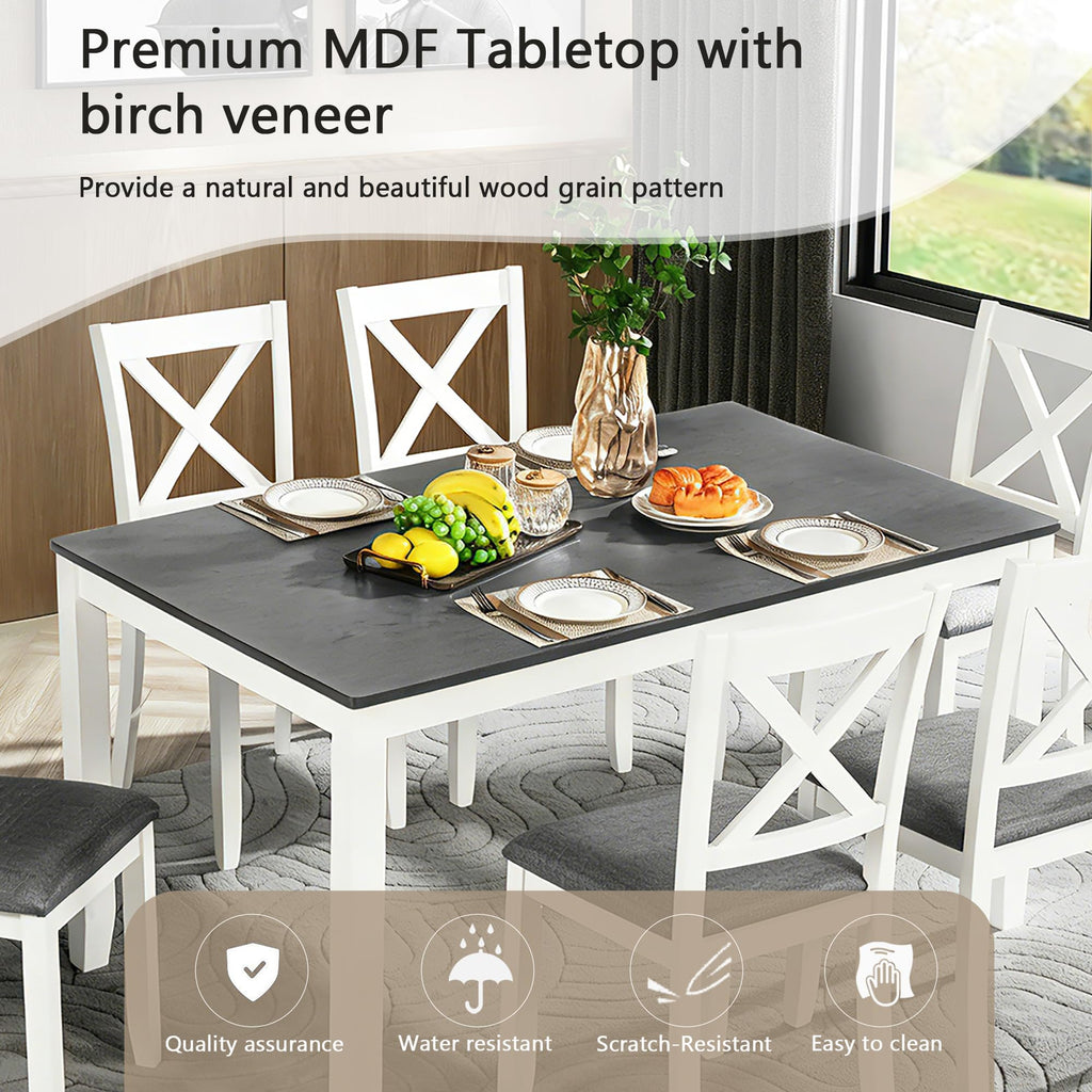 Modern 7-Piece Dining Set, 58.5" Solid Wood Table & 6 Padded X-Back Style Chairs, Grey & White Two-Toned /Dining Room
