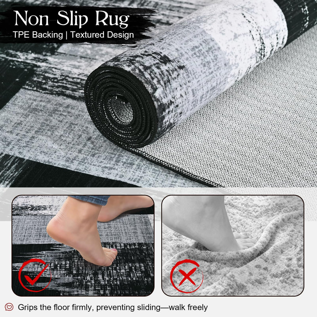 Modern Geometric Rug, Patchwork Grey Rugs Washable Abstract Area Rug Non Slip, Soft Bedroom Rugs Stain Resistant