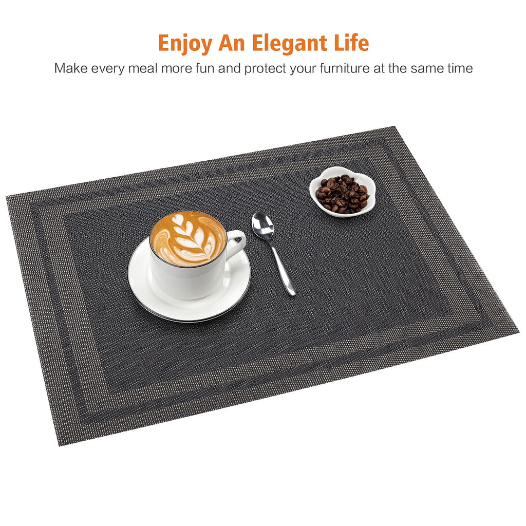 Placemats Set of 8, Vinyl Woven Black Non Slip Table Mats