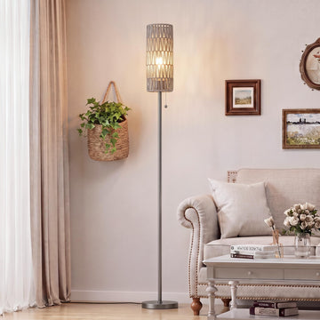 64" Floor Lamp with Bulb & Rattan Shade & Chain Switch, Grey