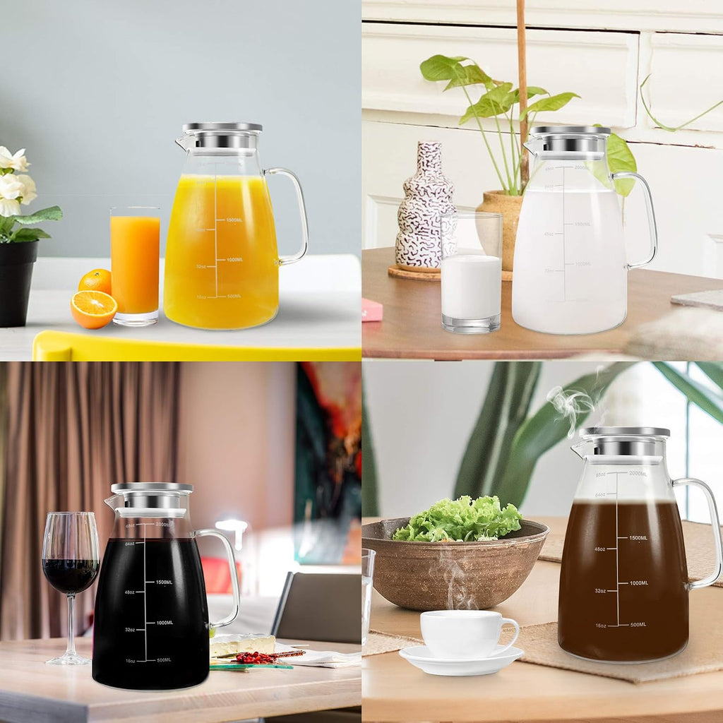68oz Glass Pitcher with Lid, 2 Liter Glass Water Pitcher with Handle and Lid, Ice Tea Pitcher, Heat Resistant