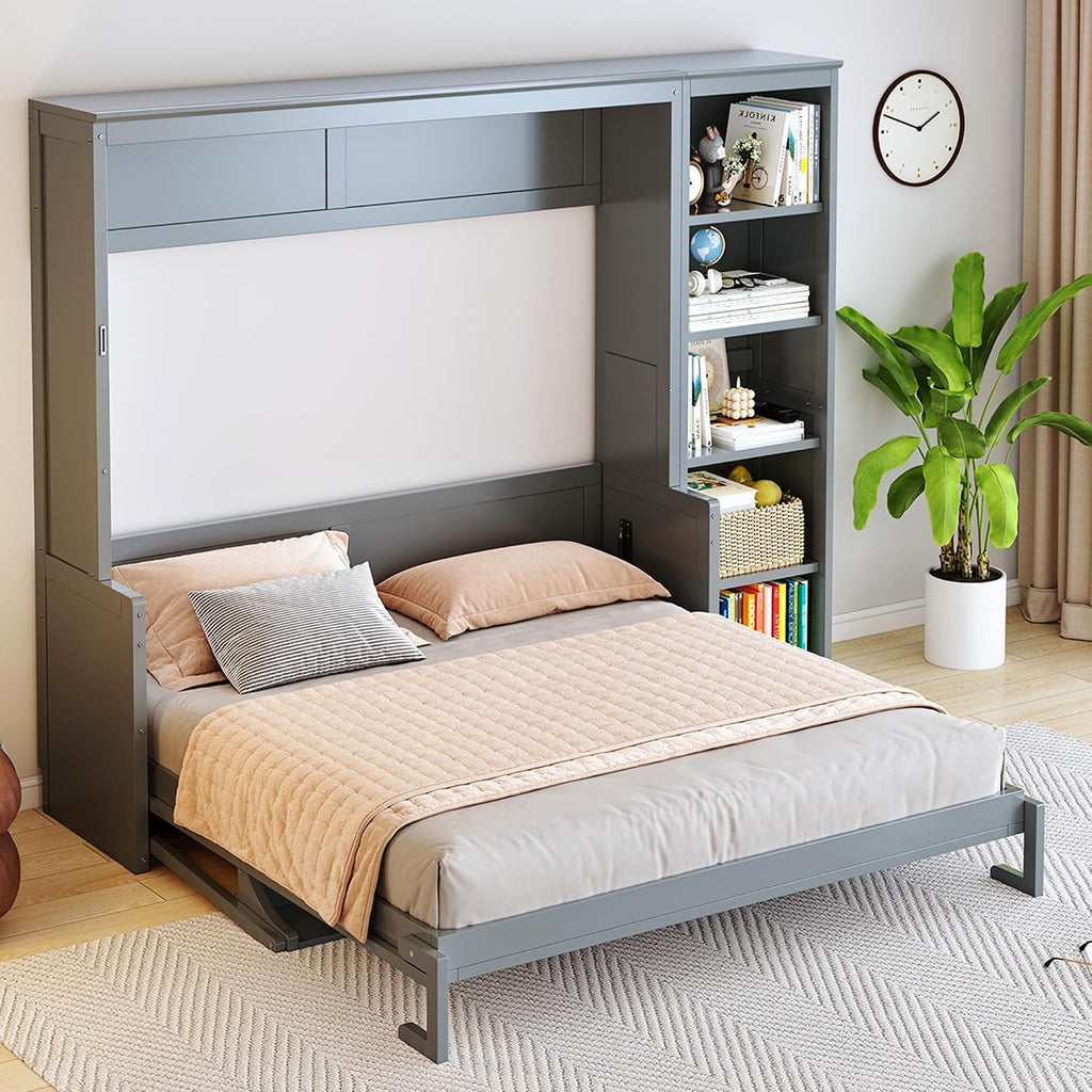 Queen Murphy Bed with Desk, Space Saving Wall Bed Queen with Bookshelf, Storage Shelves, Wood Slats, No Box Spring