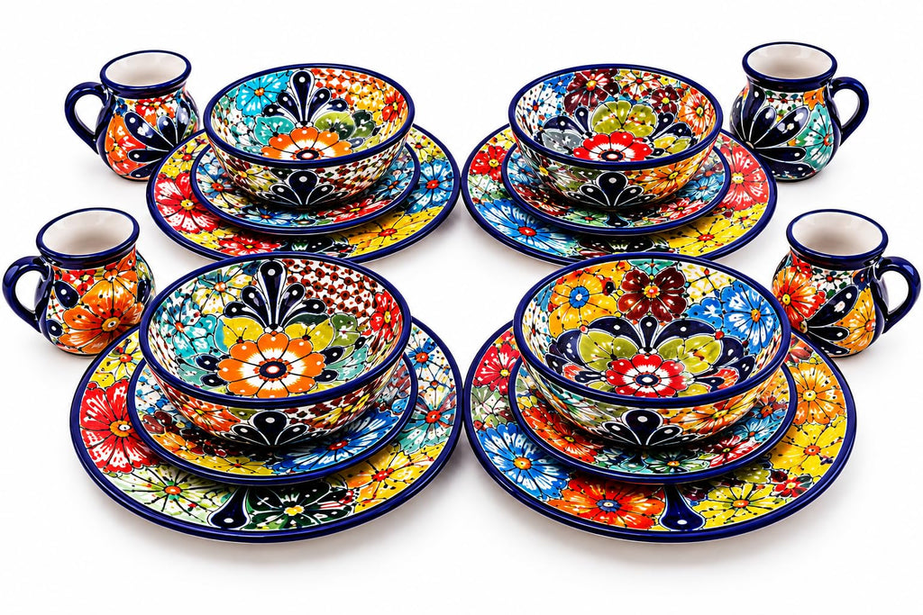 16-Piece Talavera Dinnerware Set | Hand-Painted Mexican Pottery with 4 Large 11.5" Plates, 4 Small 8" Plates, 4