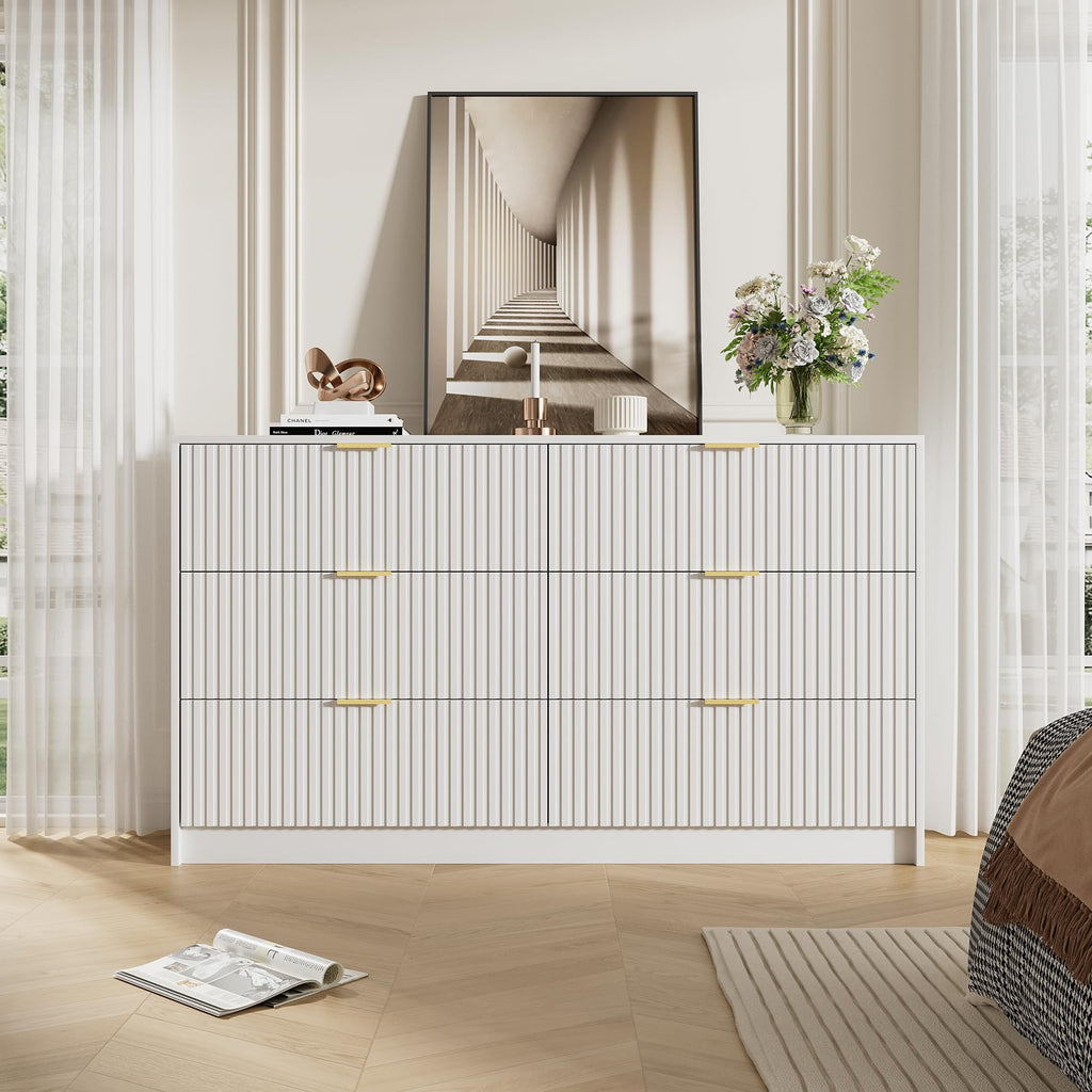 55.1" Wide White Dresser, Fluted 6 Drawer Dresser