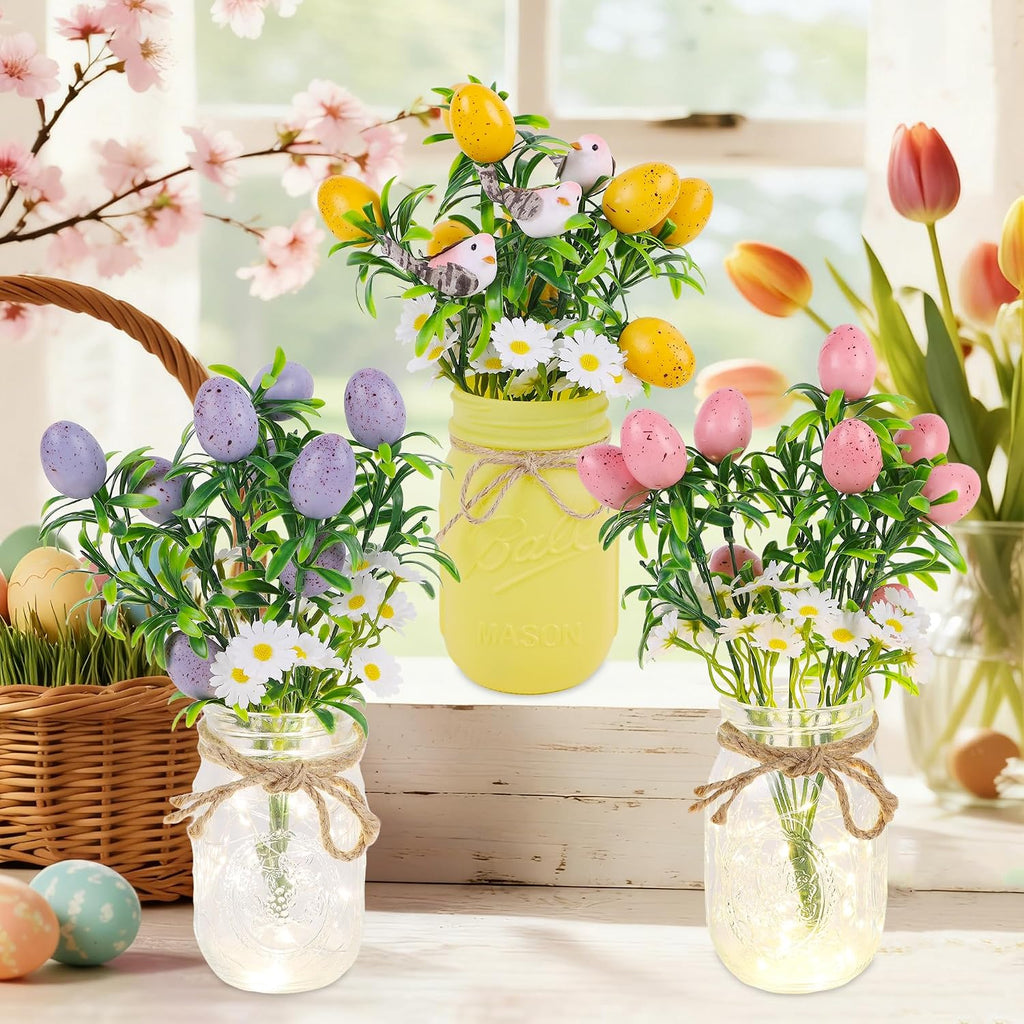 Easter Decorations, Easter Table Centerpiece with Egg Picks in Glass Vases, Wood Tray & Led Lights with Timer, Spring - Set of 3