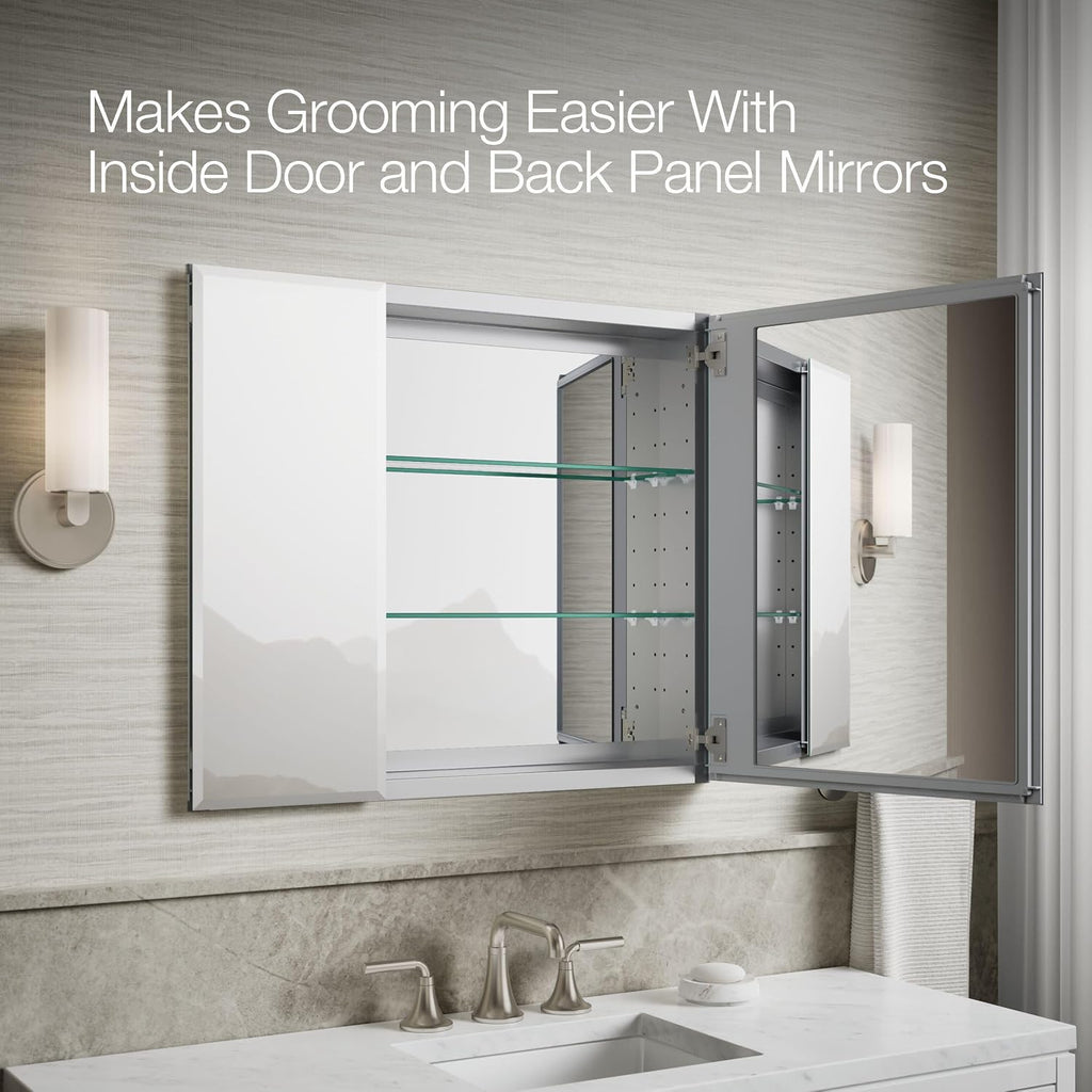 CB-CLC3026FS Bathroom Medicine Cabinet with Mirror, Beveled Mirror Doors, Adjustable Shelves, Rectangular Beveled